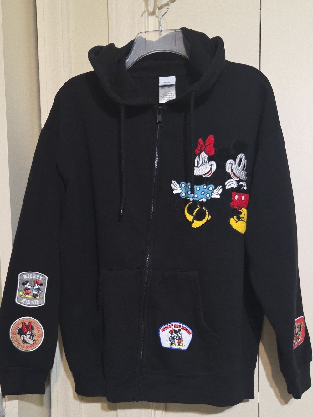 Disney Black Zip-Up Hoodie with Mickey & Minnie Embroidered Patches